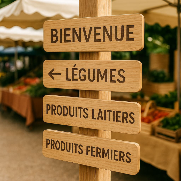 Signalétique bois pour marchés de producteurs guider avec style et naturel